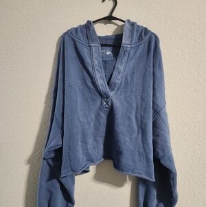 Aerie Cropped Raw Hem Hoodie Sweatshirt Blue size large